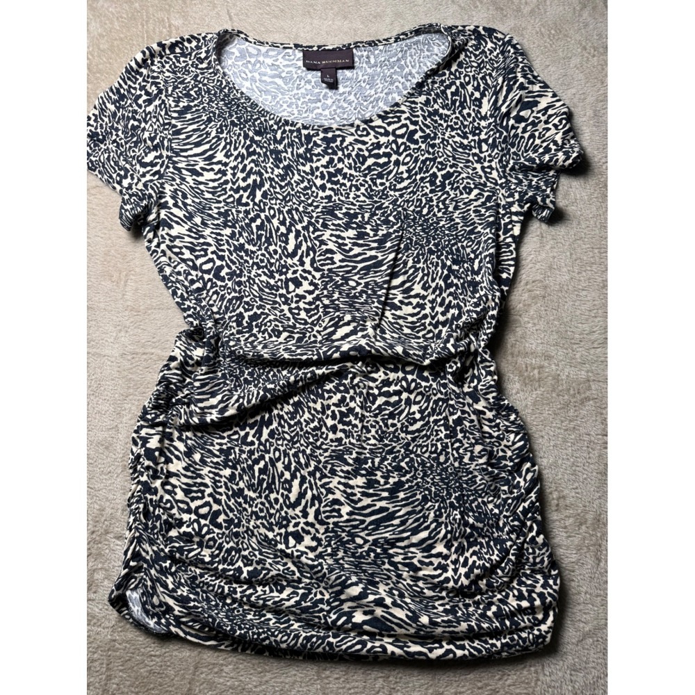 Dana Buchman Womens Animal Print Ruched Side Short Sleeve Top Black Ivory Large